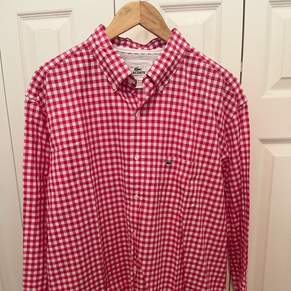 Lacoste Button Down Men’s Long Sleeve Pink Checker Size 45 (XL/XXL)